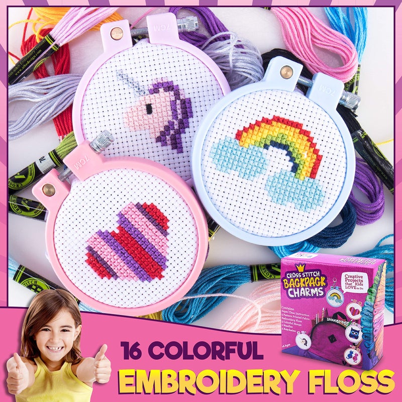 CRAFTILOO Cross Stitch Kits For Beginners. 5 Stamped Cross Stitch Kits for Kids.Needlepoint Kits For Beginners. Embroidery Kit For Kids. Crossstitch Kit For Beginners. Girls cross stitch kit Backpack Charms - Image 3